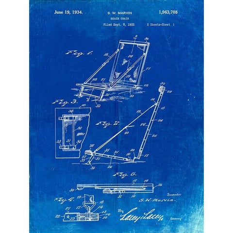 PP696-Faded Blueprint 1930s Beach Chair Wall Art Poster White Modern Wood Framed Art Print by Borders, Cole