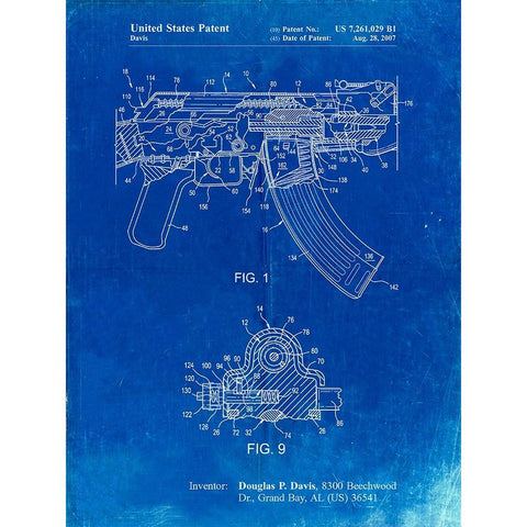 PP701-Faded Blueprint Ak-47 Bolt Locking Patent Print Black Modern Wood Framed Art Print with Double Matting by Borders, Cole