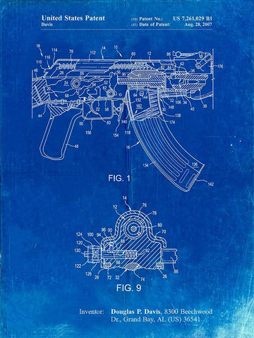 PP701-Faded Blueprint Ak-47 Bolt Locking Patent Print White Modern Wood Framed Art Print with Double Matting by Borders, Cole