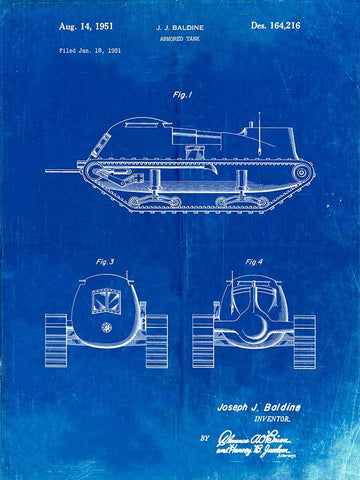 PP705-Faded Blueprint Armored Tank Patent Poster White Modern Wood Framed Art Print with Double Matting by Borders, Cole