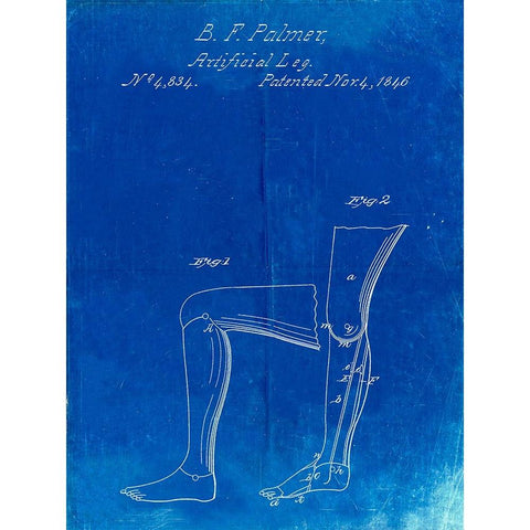 PP706-Faded Blueprint Artificial leg patent 1846 Wall Art Poster White Modern Wood Framed Art Print by Borders, Cole