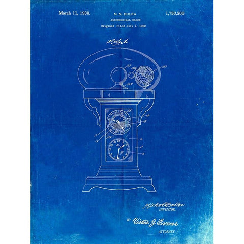 PP713-Faded Blueprint Astronomical Clock Patent Poster White Modern Wood Framed Art Print by Borders, Cole