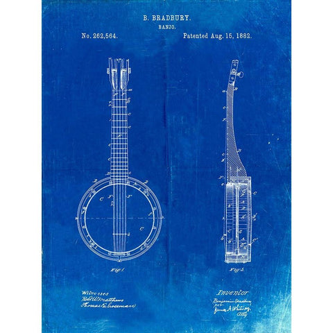 PP715-Faded Blueprint Banjo Mandolin Patent Poster White Modern Wood Framed Art Print by Borders, Cole