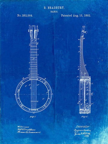 PP715-Faded Blueprint Banjo Mandolin Patent Poster White Modern Wood Framed Art Print with Double Matting by Borders, Cole