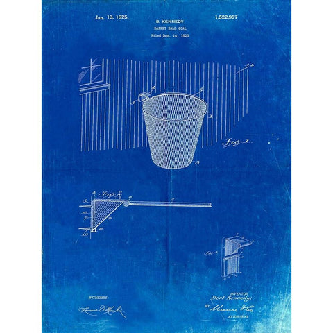 PP717-Faded Blueprint Basketball Goal Patent Poster White Modern Wood Framed Art Print by Borders, Cole