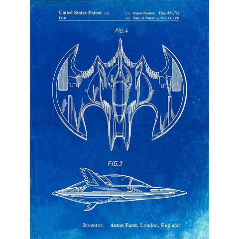 PP719-Faded Blueprint Batman Batwing Poster Black Modern Wood Framed Art Print with Double Matting by Borders, Cole