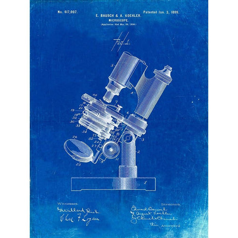 PP721-Faded Blueprint Bausch and Lomb Microscope Patent Poster White Modern Wood Framed Art Print by Borders, Cole