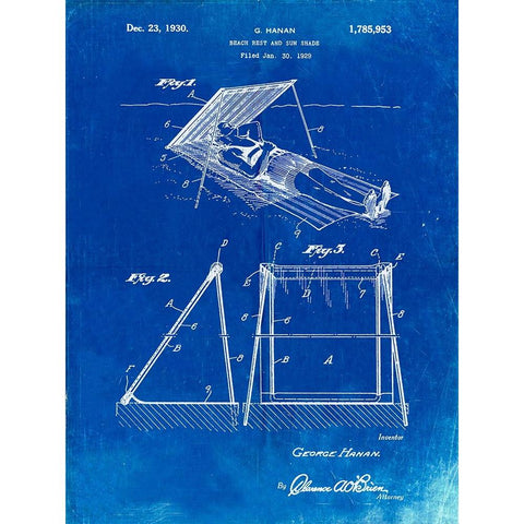 PP723-Faded Blueprint Beach shade 1929 Patent Wall Art Poster White Modern Wood Framed Art Print by Borders, Cole