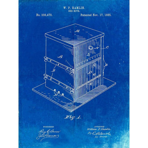 PP724-Faded Blueprint Bee Hive Exterior Patent Poster Gold Ornate Wood Framed Art Print with Double Matting by Borders, Cole