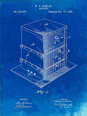 PP724-Faded Blueprint Bee Hive Exterior Patent Poster Black Ornate Wood Framed Art Print with Double Matting by Borders, Cole