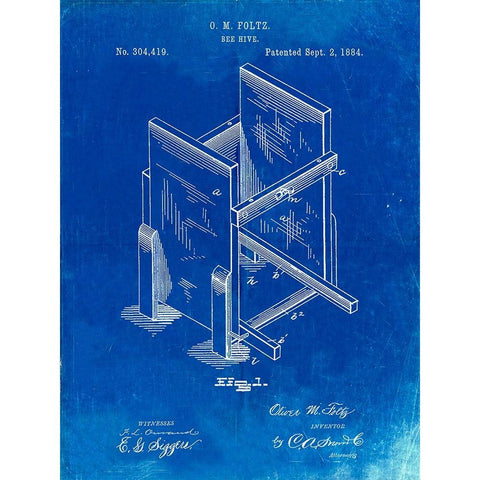 PP725-Faded Blueprint Bee Hive Frames Patent Poster Gold Ornate Wood Framed Art Print with Double Matting by Borders, Cole
