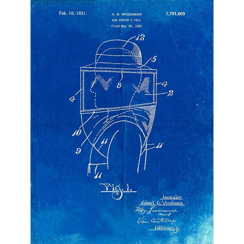 PP726-Faded Blueprint Bee Keeper Hat and Veil Patent Poster Gold Ornate Wood Framed Art Print with Double Matting by Borders, Cole