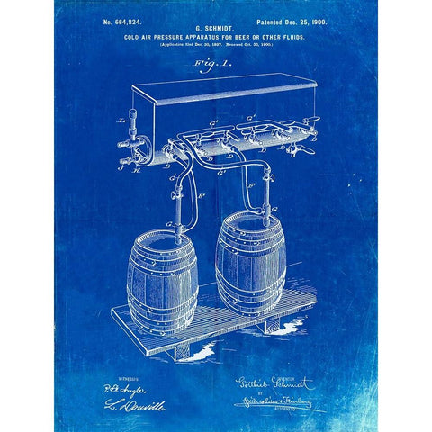 PP729-Faded Blueprint Beer Keg Cold Air Pressure Tap Poster White Modern Wood Framed Art Print by Borders, Cole