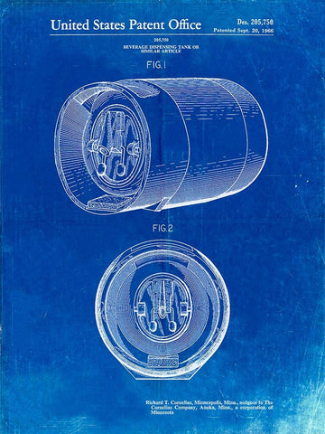 PP730-Faded Blueprint Beer Keg Patent Poster Black Ornate Wood Framed Art Print with Double Matting by Borders, Cole