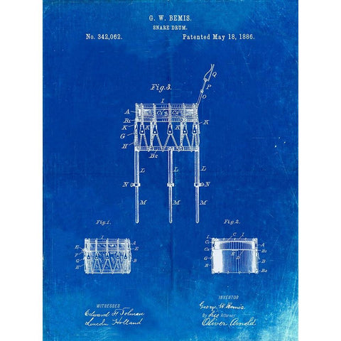 PP732-Faded Blueprint Bemis Marching Snare Drum and Stand Patent Poster White Modern Wood Framed Art Print by Borders, Cole