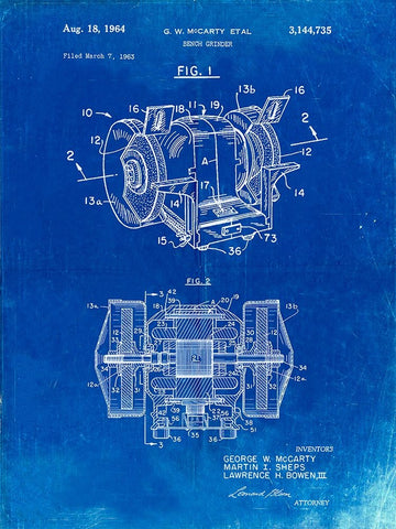 PP733-Faded Blueprint Bench Grinder Patent Poster Black Ornate Wood Framed Art Print with Double Matting by Borders, Cole