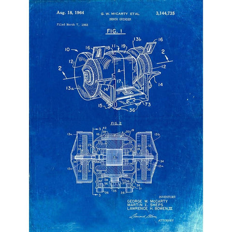 PP733-Faded Blueprint Bench Grinder Patent Poster White Modern Wood Framed Art Print by Borders, Cole