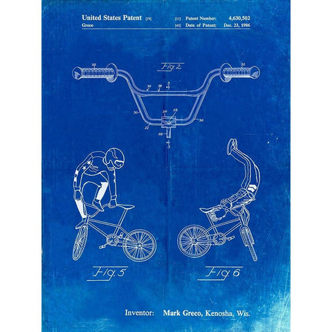 PP734-Faded Blueprint Bicycle Handlebar Art White Modern Wood Framed Art Print by Borders, Cole