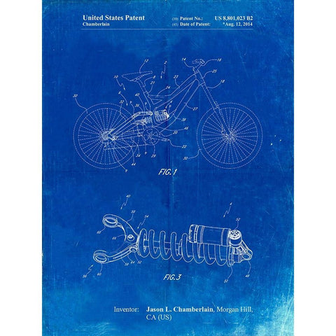 PP735-Faded Blueprint Bicycle Shock Art White Modern Wood Framed Art Print by Borders, Cole