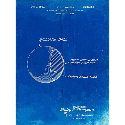 PP736-Faded Blueprint Billiard Ball Patent Poster White Modern Wood Framed Art Print by Borders, Cole
