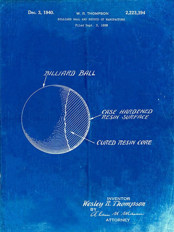 PP736-Faded Blueprint Billiard Ball Patent Poster Black Ornate Wood Framed Art Print with Double Matting by Borders, Cole