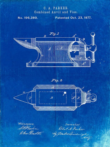PP741-Faded Blueprint Blacksmith Anvil Patent Poster Black Ornate Wood Framed Art Print with Double Matting by Borders, Cole