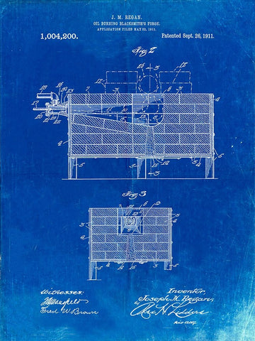 PP742-Faded Blueprint Blacksmith Forge Patent Poster White Modern Wood Framed Art Print with Double Matting by Borders, Cole