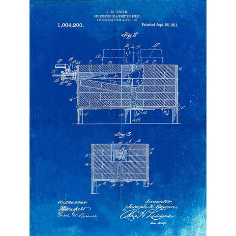 PP742-Faded Blueprint Blacksmith Forge Patent Poster Black Modern Wood Framed Art Print by Borders, Cole