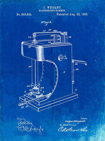 PP743-Faded Blueprint Blacksmith Hammer 1893 Patent Poster White Modern Wood Framed Art Print with Double Matting by Borders, Cole