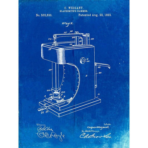 PP743-Faded Blueprint Blacksmith Hammer 1893 Patent Poster Black Modern Wood Framed Art Print with Double Matting by Borders, Cole