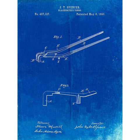 PP744-Faded Blueprint Blacksmith Tongs Patent Poster Gold Ornate Wood Framed Art Print with Double Matting by Borders, Cole