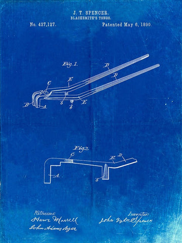 PP744-Faded Blueprint Blacksmith Tongs Patent Poster White Modern Wood Framed Art Print with Double Matting by Borders, Cole