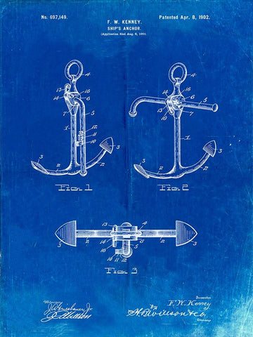 PP745-Faded Blueprint Boat Anchor Patent Poster White Modern Wood Framed Art Print with Double Matting by Borders, Cole