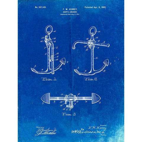 PP745-Faded Blueprint Boat Anchor Patent Poster Gold Ornate Wood Framed Art Print with Double Matting by Borders, Cole