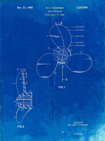 PP746-Faded Blueprint Boat Propeller 1964 Patent Poster Black Ornate Wood Framed Art Print with Double Matting by Borders, Cole