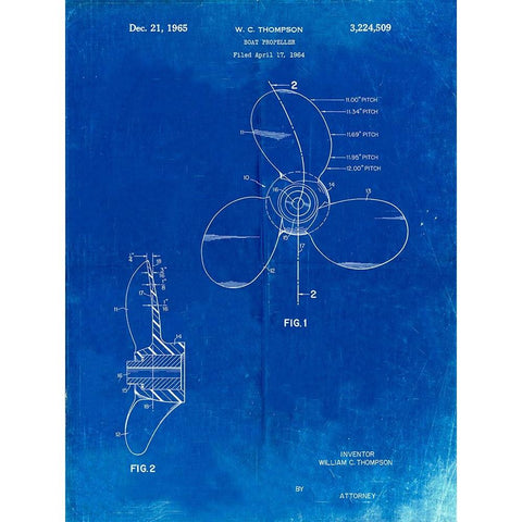 PP746-Faded Blueprint Boat Propeller 1964 Patent Poster White Modern Wood Framed Art Print by Borders, Cole