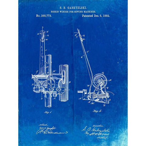 PP747-Faded Blueprint Bobbin Winder for Sewing Machines Poster Black Modern Wood Framed Art Print with Double Matting by Borders, Cole