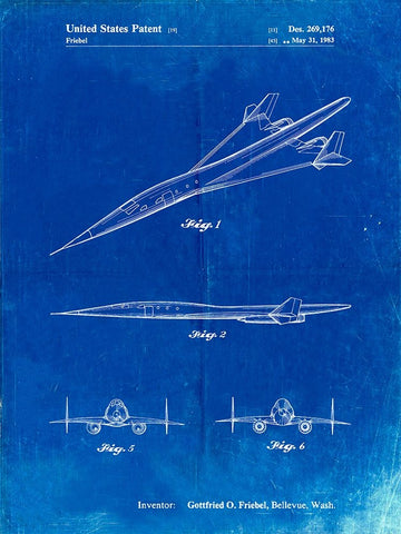 PP751-Faded Blueprint Boeing Supersonic Transport Concept Patent Poster White Modern Wood Framed Art Print with Double Matting by Borders, Cole