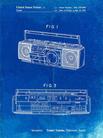 PP752-Faded Blueprint Boom Box Patent Poster White Modern Wood Framed Art Print with Double Matting by Borders, Cole