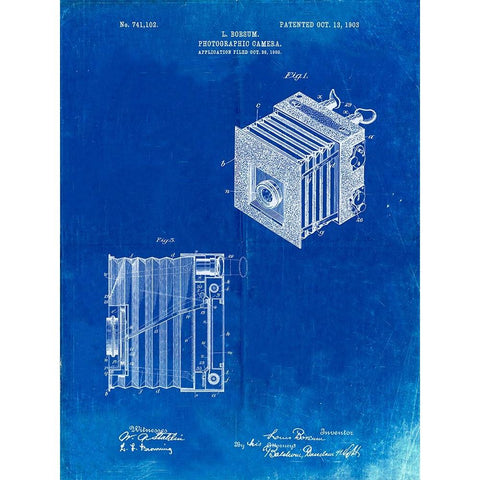 PP753-Faded Blueprint Borsum Camera Co Reflex Camera Patent Poster White Modern Wood Framed Art Print by Borders, Cole