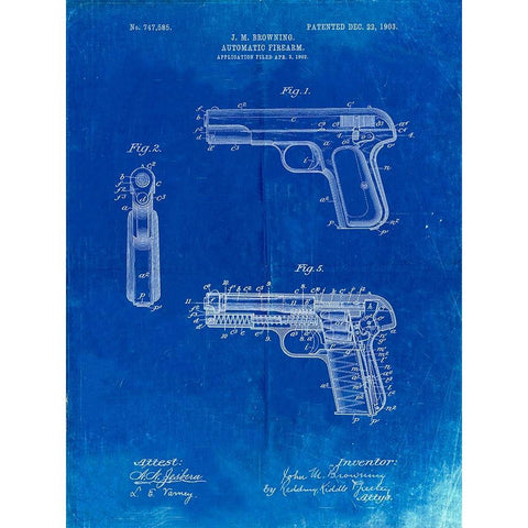 PP755-Faded Blueprint Browning No. 2 Handgun Patent Poster White Modern Wood Framed Art Print by Borders, Cole