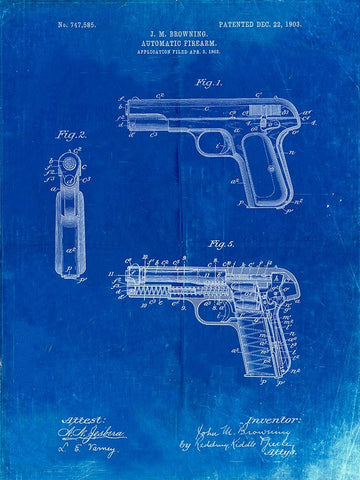 PP755-Faded Blueprint Browning No. 2 Handgun Patent Poster White Modern Wood Framed Art Print with Double Matting by Borders, Cole