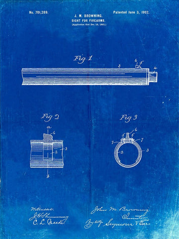 PP756-Faded Blueprint Browning Sight for Firearms Patent Poster Black Ornate Wood Framed Art Print with Double Matting by Borders, Cole