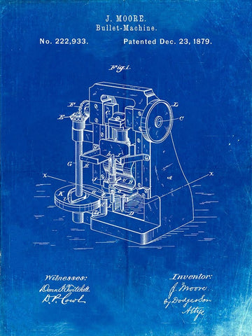 PP757-Faded Blueprint Bullet Machine Patent Poster Black Ornate Wood Framed Art Print with Double Matting by Borders, Cole