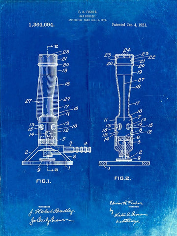 PP758-Faded Blueprint Bunsen Burner 1921 Patent Poster Black Ornate Wood Framed Art Print with Double Matting by Borders, Cole