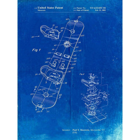 PP760-Faded Blueprint Burton Touring Snowboard Patent Poster White Modern Wood Framed Art Print by Borders, Cole