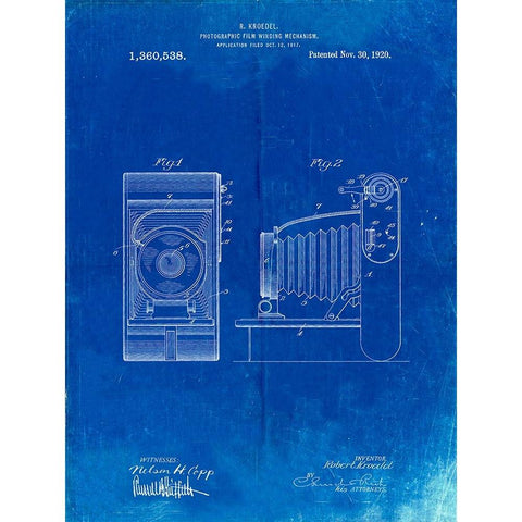 PP761-Faded Blueprint Camera Film Winding Patent Print White Modern Wood Framed Art Print by Borders, Cole