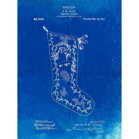 PP764-Faded Blueprint Christmas Stocking 1912 Patent Poster Black Modern Wood Framed Art Print by Borders, Cole