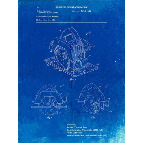 PP767-Faded Blueprint Circular Saw Patent Poster White Modern Wood Framed Art Print by Borders, Cole