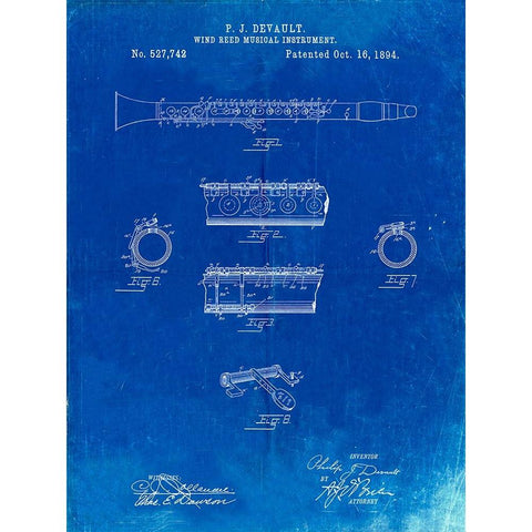 PP768-Faded Blueprint Clarinet 1894 Patent Poster Black Modern Wood Framed Art Print with Double Matting by Borders, Cole